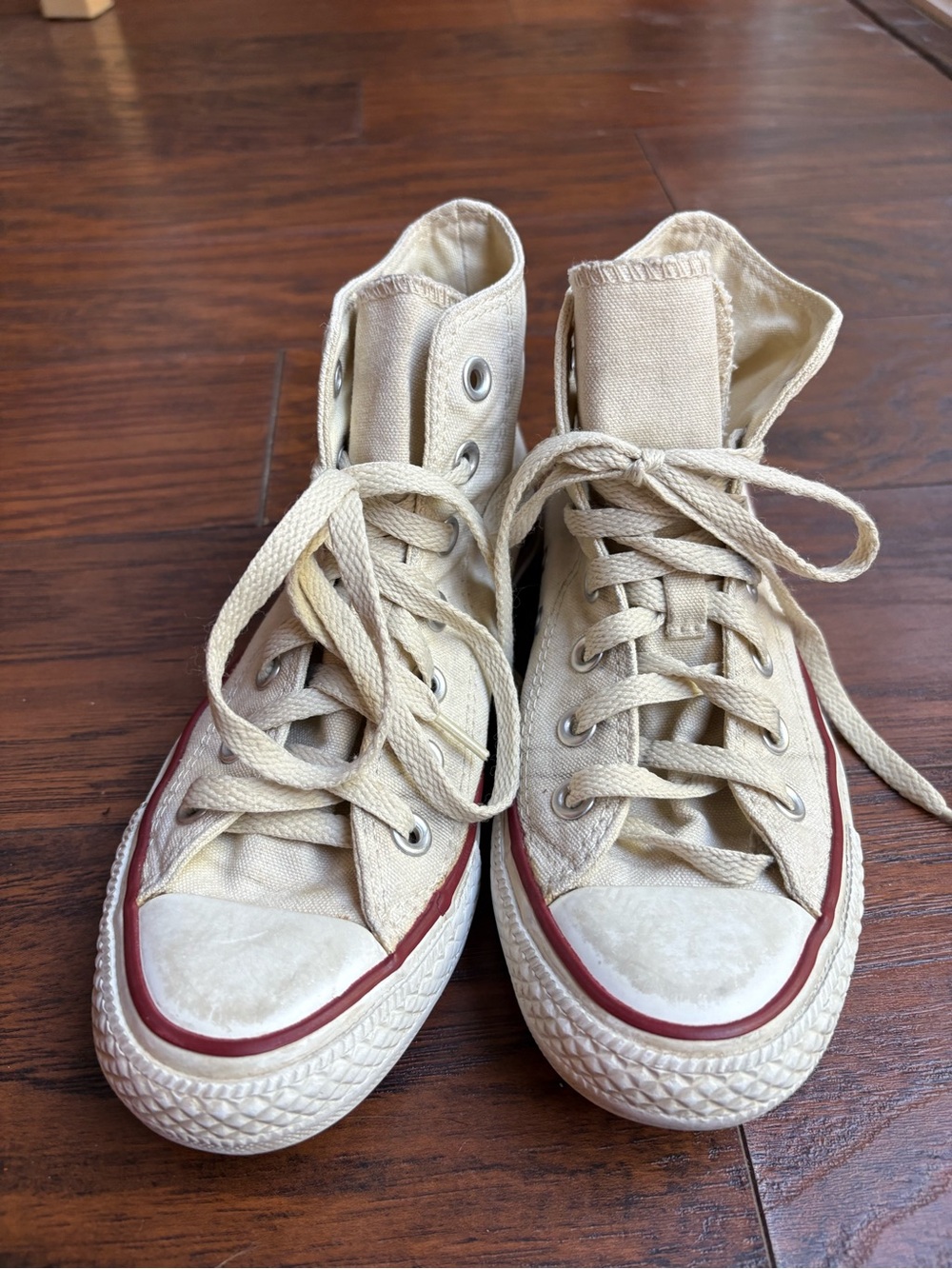 Cream High Top Canvas Sneakers with Red Trim